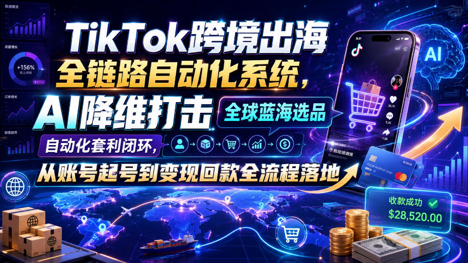 TikTok跨境出海全链路自动化系统,AI降维打击全球蓝海选品自动化套利闭环,从账号起号到变现回款全流程落地(2026年7月)-宇文网创