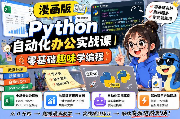 漫画版Python自动化办公实战课｜零基础趣味学编程，全场景办公提效、批量搞定报表文档、解放双手进阶职场-宇文网创