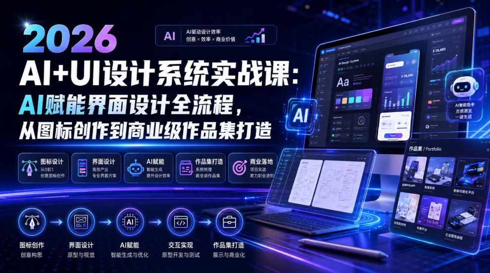 2026 AI+UI设计系统实战课:AI赋能界面设计全流程,从图标创作到商业级作品集打造-宇文网创