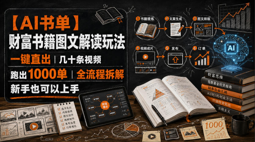 【AI书单】财富书籍图文解读玩法，一键直出，几十条视频，跑出1000单，全流程拆解，新手也可以上手-宇文网创