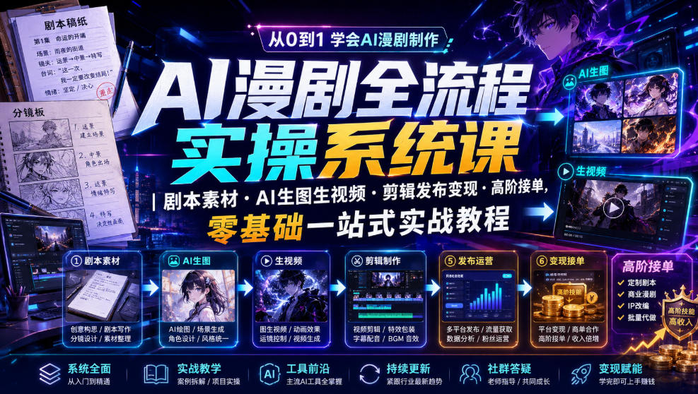 AI漫剧全流程实操系统课|剧本素材・AI生图生视频・剪辑发布变现・高阶接单,零基础一站式实战教程-宇文网创