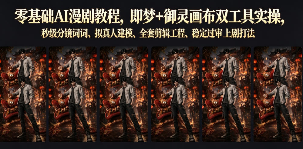 零基础AI漫剧教程,即梦+御灵画布双工具实操,秒级分镜提示词、拟真人建模、全套剪辑工程、稳定过审上剧打法-宇文网创