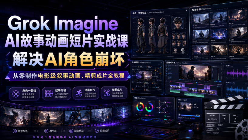 Grok Imagine AI故事动画短片实战课|解决AI角色崩坏,从零制作电影级叙事动画、精剪成片全教程(中英字幕)-宇文网创