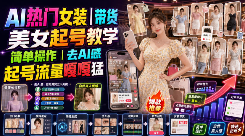 AI热门女装带货丨美女起号教学,简单操作,去AI感,起号流量嘎嘎猛-宇文网创
