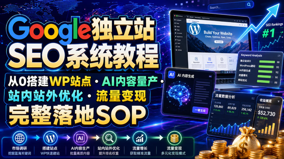 Google独立站SEO系统教程,从0搭建WP站点・AI内容量产・站内站外优化・流量变现完整落地SOP(2026年7月)-宇文网创