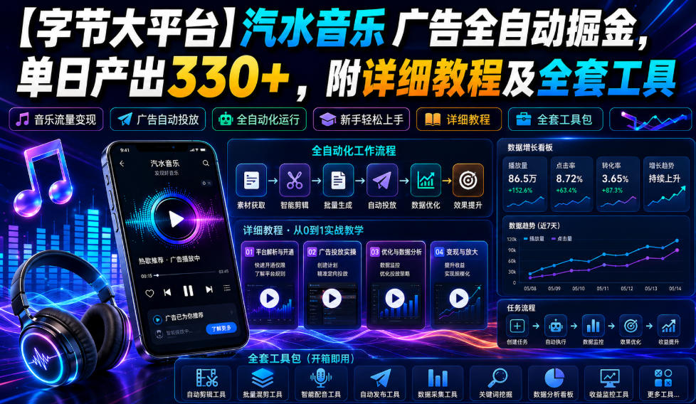 【字节大平台】汽水音乐广告全自动掘金,单日产出330+,附详细教程及全套工具【揭秘】-宇文网创