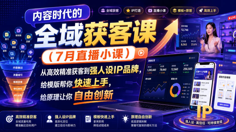 内容时代的全域获客课(7月直播小课),从高效精准获客到强人设IP品牌,给模版帮你快速上手,给原理让你自由创新-宇文网创