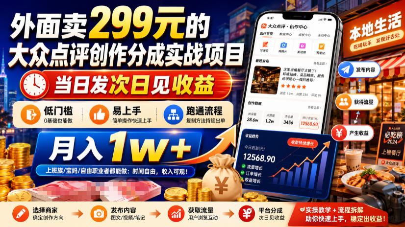 外面卖299元的大众点评创作分成实战项目,当日发次日见收益,低门槛易上手,跑通流程月入1w+-宇文网创