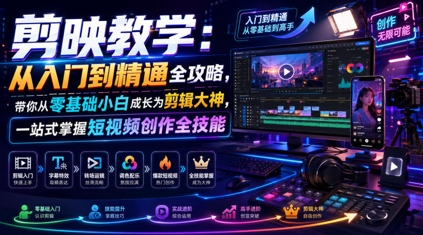 剪映教学：从入门到精通全攻略，带你从零基础小白成长为剪辑大神，一站式掌握短视频创作全技能-宇文网创