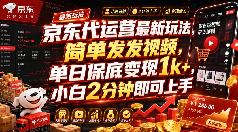 京东代运营最新玩法，简单发发视频，单日保底变现1k+，小白2分钟即可上手【揭秘】-宇文网创