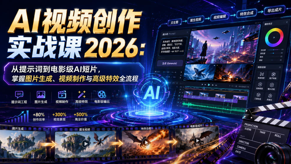 AI视频创作实战课2026:从提示词到电影级AI短片,掌握图片生成、视频制作与高级特效全流程-宇文网创