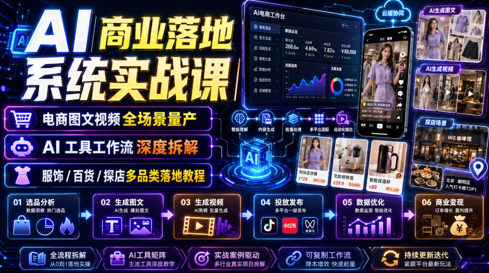 AI商业落地系统实战课|电商图文视频全场景量产・AI工具工作流深度拆解・服饰/百货/探店多品类落地教程-宇文网创