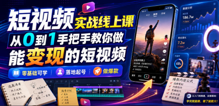 短视频实战线上课，从0到1手把手教你做能变现的短视频，零基础可学，落地起号做爆款-宇文网创