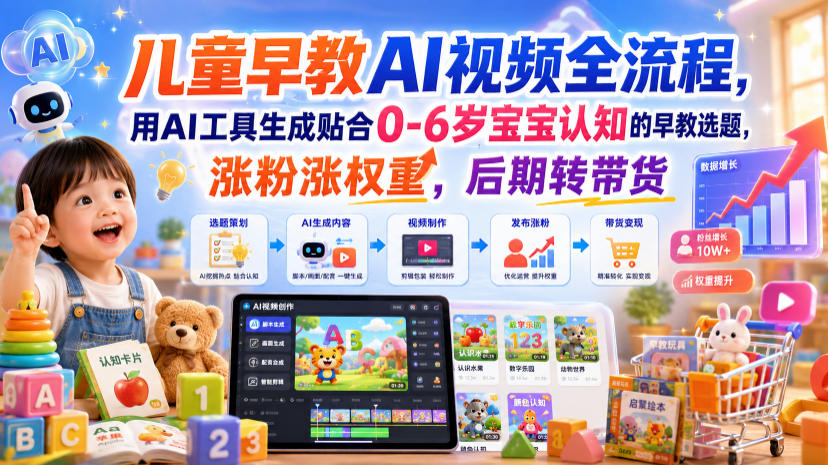 儿童早教AI视频全流程，用AI工具生成贴合0-6岁宝宝认知的早教选题，涨粉涨权重，后期转带货-宇文网创