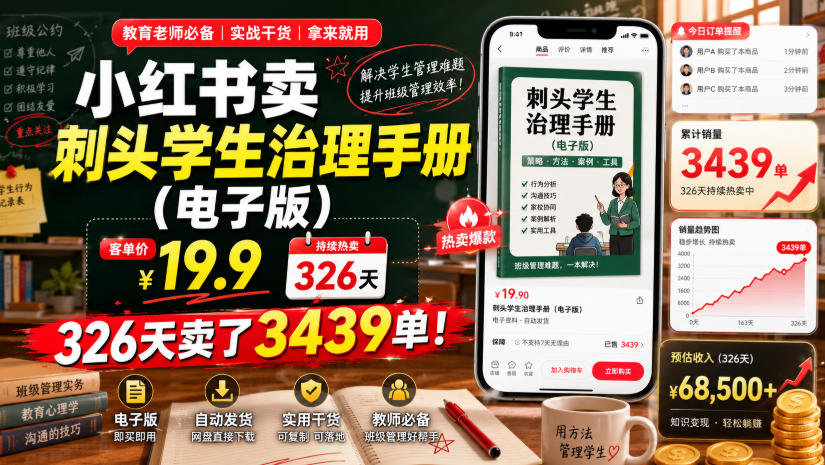 小红书卖刺头学生治理手册（电子版），客单价19.9，326天卖了3439单！-宇文网创