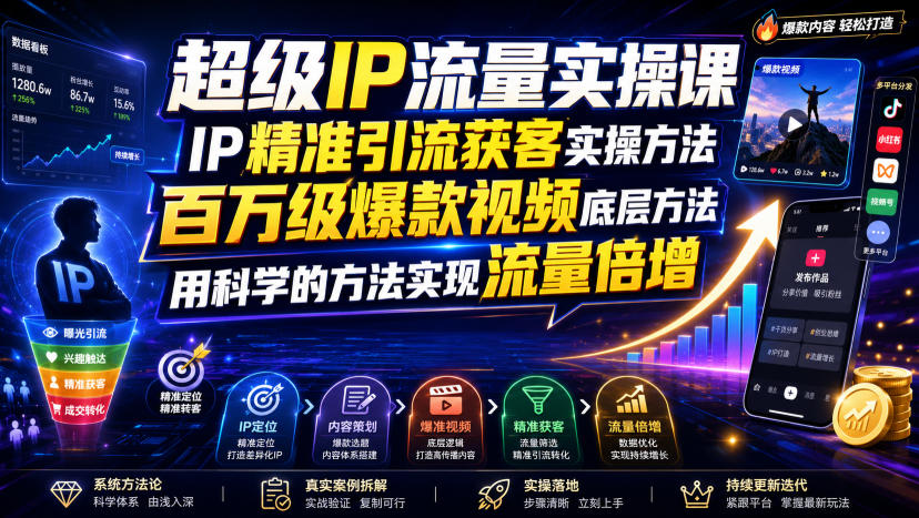 超级IP流量实操课,IP精准引流获客实操方法,百万级爆款视频底层方法,用科学的方法实现流量倍增-宇文网创