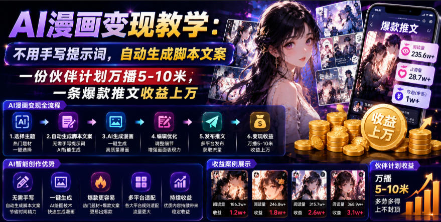 AI漫画变现教学：不用手写提示词，自动生成脚本文案，一份伙伴计划万播5-10米，一条爆款推文收益上W-宇文网创