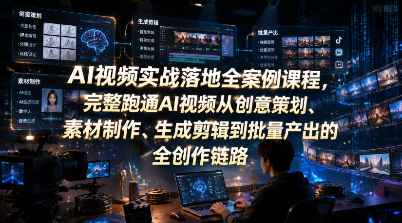AI视频实战落地全案例课程，完整跑通AI视频从创意策划、素材制作、生成剪辑到批量产出的全创作链路-宇文网创