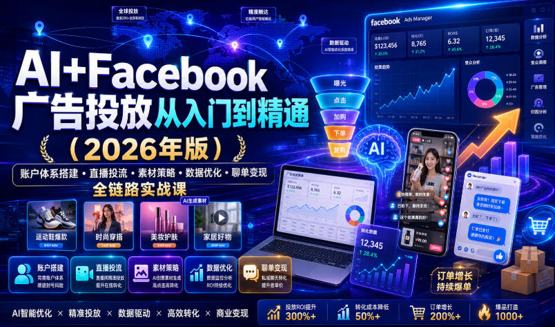 AI+Facebook广告投放从入门到精通(2026年版)|账户体系搭建・直播投流・素材策略・数据优化・聊单变现全链路实战课-宇文网创
