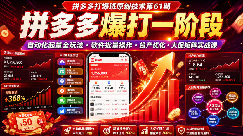 拼多多打爆班原创技术第61期,拼多多爆打一阶段,自动化起量全玩法・软件批量操作・投产优化・大促矩阵实战课-宇文网创