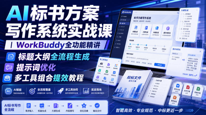 AI标书方案写作系统实战课｜WorkBuddy全功能精讲・标题大纲全流程生成・提示词优化・多工具组合提效教程-宇文网创