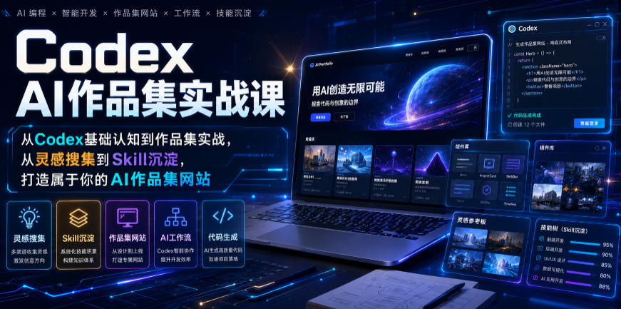 Codex AI作品集实战课,从Codex基础认知到作品集实战,从灵感搜集到Skill沉淀,打造属于你的AI作品集网站-宇文网创