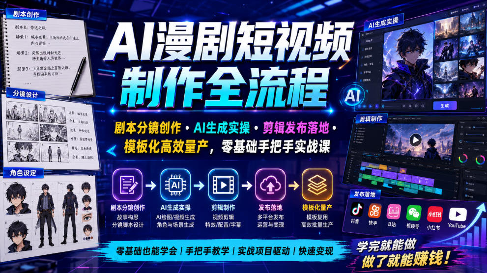 AI漫剧短视频制作全流程|剧本分镜创作・AI生成实操・剪辑发布落地・模板化高效量产,零基础手把手实战课-宇文网创