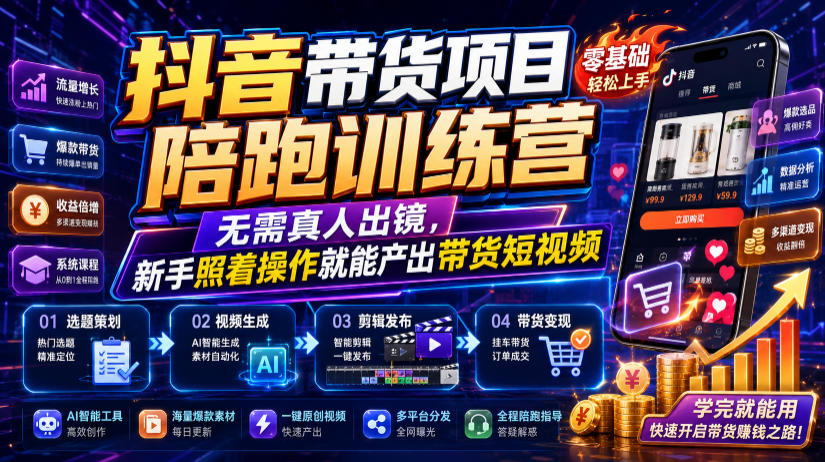 抖音带货项目陪跑训练营,无需真人出镜,新手照着操作就能产出带货短视频-宇文网创