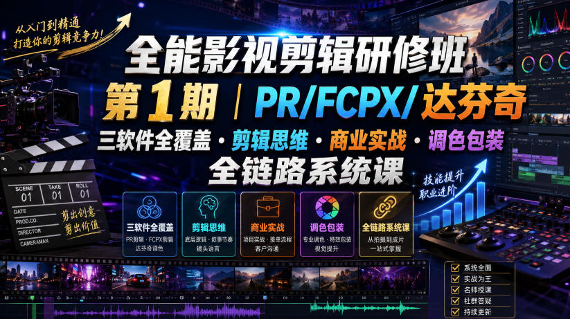 全能影视剪辑研修班第1期｜PR/FCPX/达芬奇三软件全覆盖・剪辑思维・商业实战・调色包装全链路系统课-宇文网创