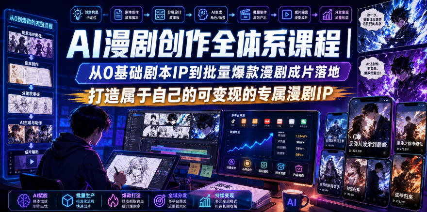 AI漫剧创作全体系课程｜从0基础剧本IP到批量爆款漫剧成片落地，打造属于自己的可变现的专属漫剧IP-宇文网创