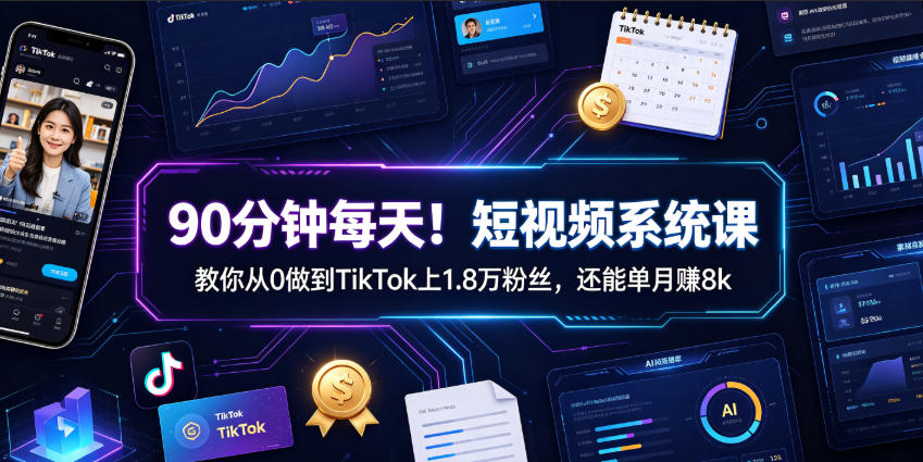 90分钟每天！短视频系统课教你从0做到TikTok上1.8万粉丝，还能单月賺8k【原创双语字幕】-宇文网创