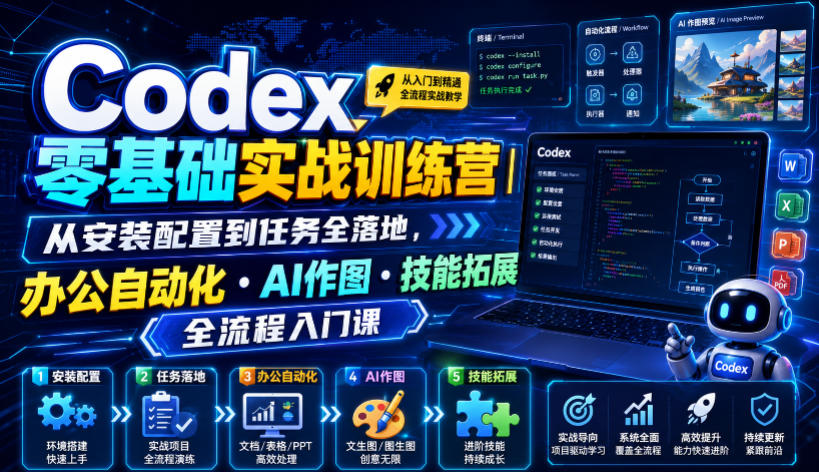 Codex零基础实战训练营｜从安装配置到任务全落地，办公自动化・AI作图・技能拓展全流程入门课-宇文网创
