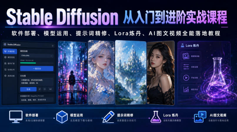 Stable Diffusion从入门到进阶实战课程｜软件部署、模型运用、提示词精修、Lora炼丹、AI图文视频全能落地教程-宇文网创