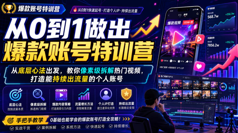 从0到1做出爆款账号特训营,从底层心法出发,教你像素级拆解热门视频,打造能持续出流量的个人账号-宇文网创