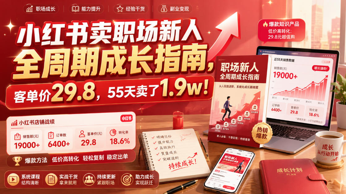 小红书卖职场新人全周期成长指南，客单价29.8，55天卖了1.9w！-宇文网创