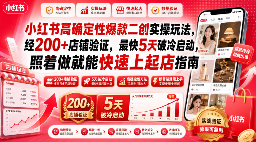 小红书高确定性爆款二创实操玩法,经200+店铺验证,最快5天破冷启动,照着做就能快速上起店指南-宇文网创