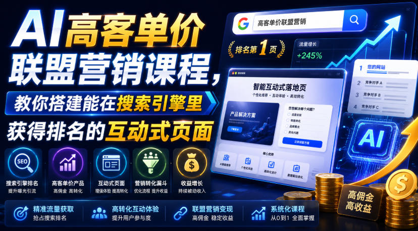 AI高客单价联盟营销课程,教你搭建能在搜索引擎里获得排名的互动式页面,引来流量,把访客转化为高佣金的成交【原创双语字幕】-宇文网创
