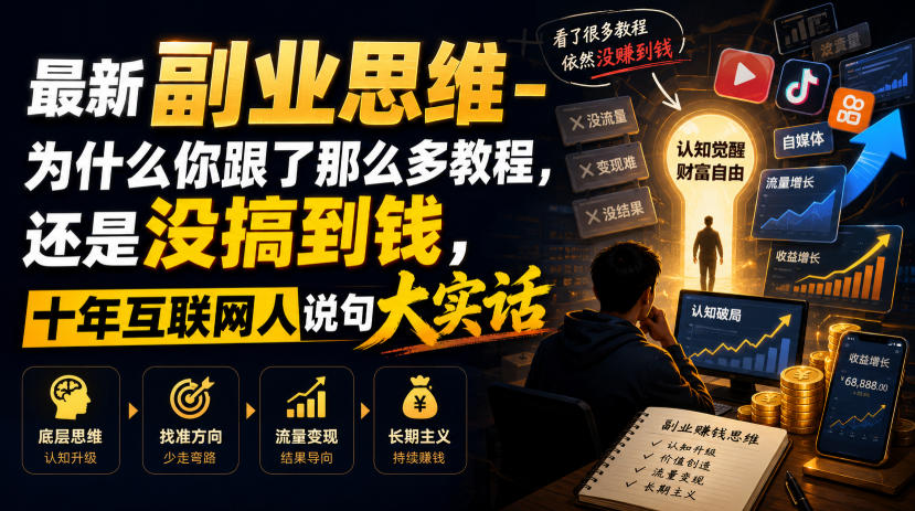 最新副业思维-为什么你跟了那么多教程,还是没搞到钱,十年互联网人说句大实话【揭秘】-宇文网创