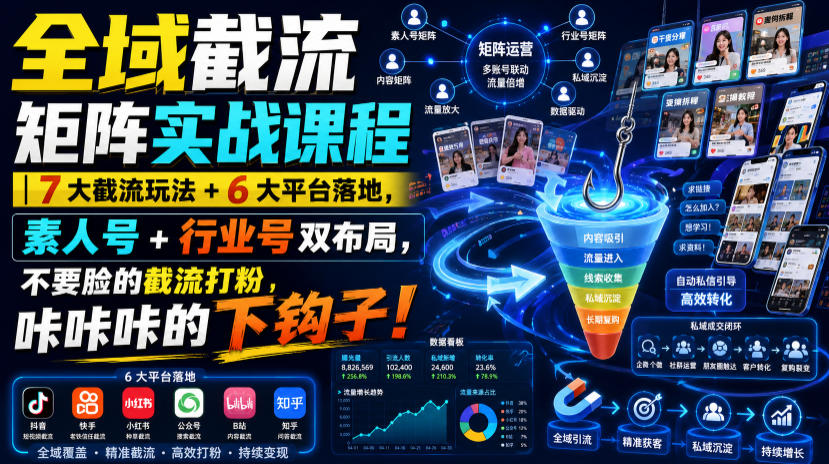 全域截流矩阵实战课程｜7大截流玩法+6大平台落地，素人号+行业号双布局，不要脸的截流打粉，咔咔咔的下钩子！-宇文网创