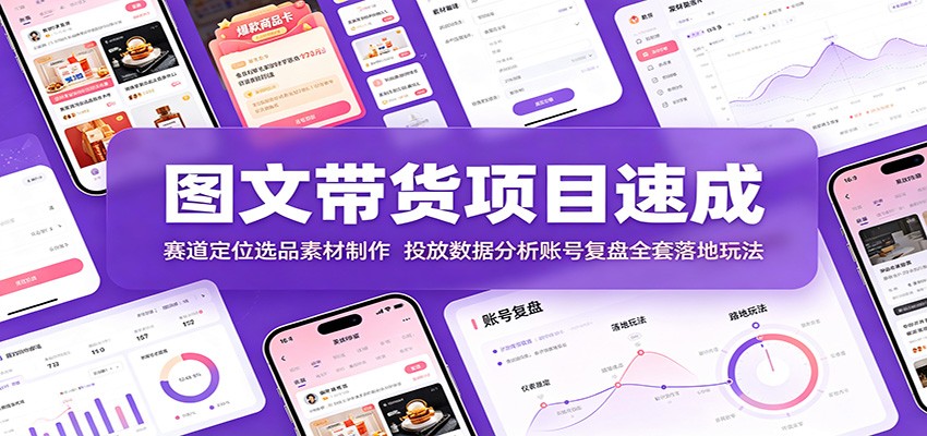 图文带货项目速成:赛道定位选品素材制作,投放数据分析账号复盘全套落地玩法-宇文网创