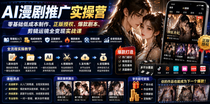 AI漫剧推广实操营｜零基础低成本制作、正版授权、爆款剧本、剪辑运镜全变现实战课-宇文网创