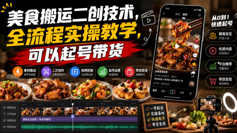 美食搬运二创技术,全流程实操教学,可以起号带货-宇文网创