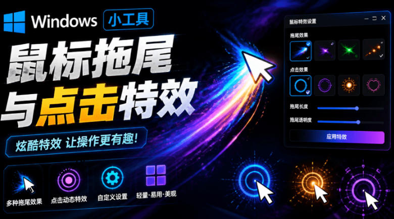 Windows特效小工具！一键给你的鼠标添加拖尾与点击动态特效，吾爱出品，免费使用Mouse Trail-宇文网创