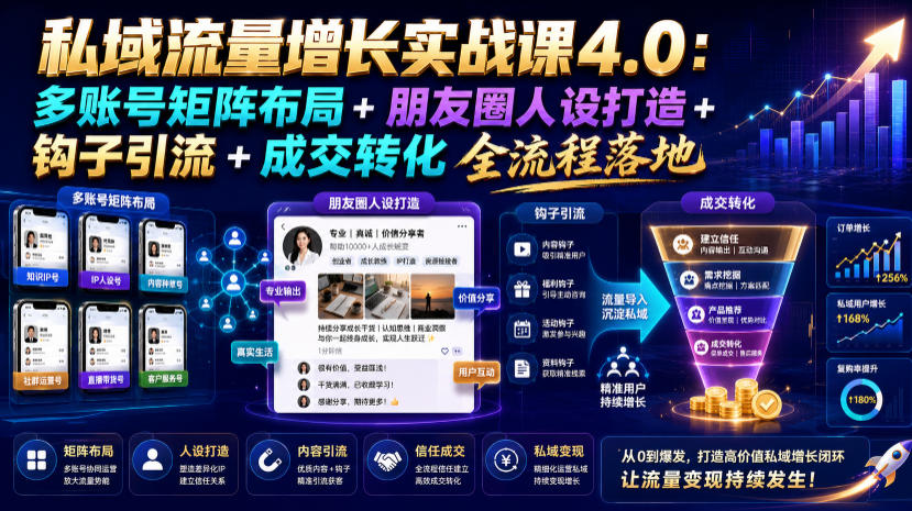 私域流量增长实战课4.0：多账号矩阵布局+朋友圈人设打造+钩子引流+成交转化全流程落地-宇文网创