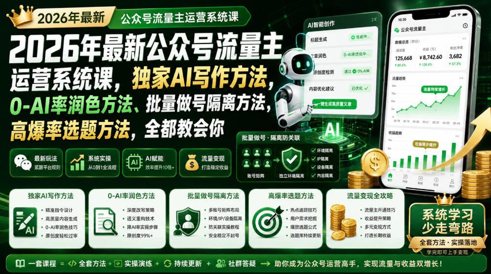 2026年最新公众号流量主运营系统课,独家AI写作方法,0-AI率润色方法、批量做号隔离方法、高爆率选题方法,全都教会你-宇文网创