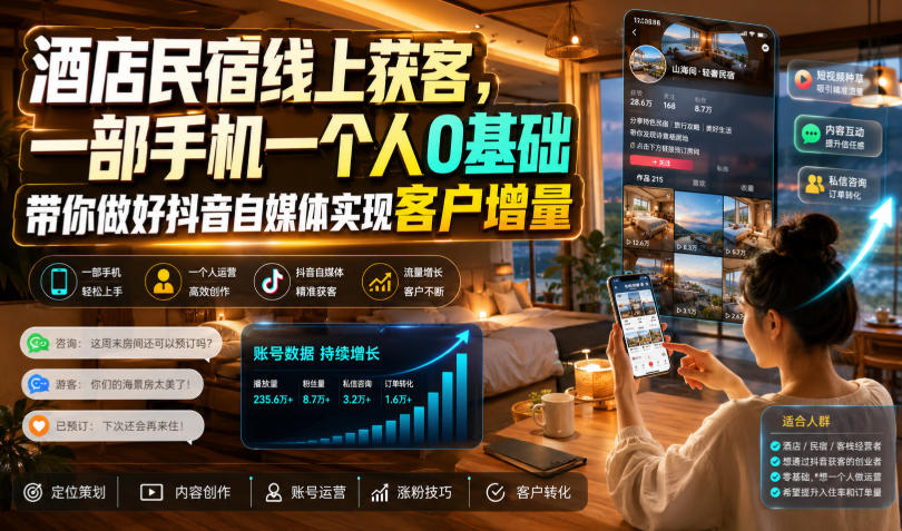 酒店民宿线上获客,一部手机一个人0基础带你做好抖音自媒体实现客户增量-宇文网创