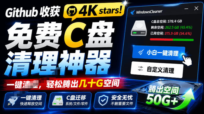 Github收获4K stars!免费C盘清理神器,轻松腾出几十G空间,支持C盘迁移Windows Cleaner-宇文网创