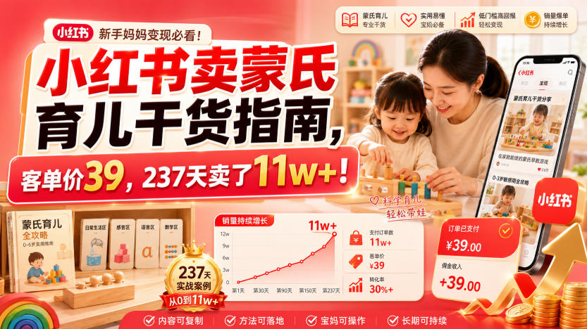 小红书卖蒙氏育儿干货指南,客单价39,237天卖了11w+!-宇文网创