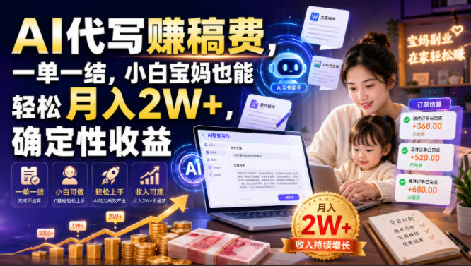 AI代写賺稿费,一单一结,小白宝妈也能轻松月入2W+,确定性收益【揭秘】-宇文网创