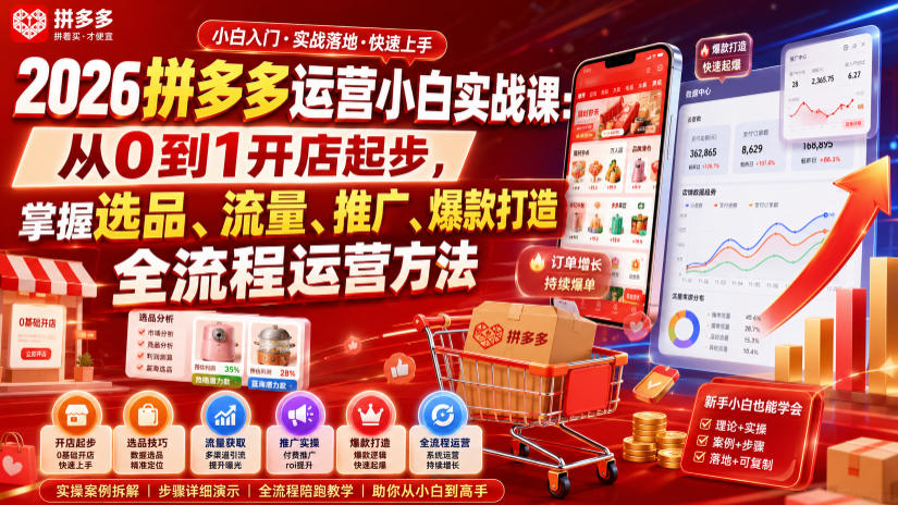 2026拼多多运营小白实战课：从0到1开店起步，掌握选品、流量、推广、爆款打造全流程运营方法-宇文网创